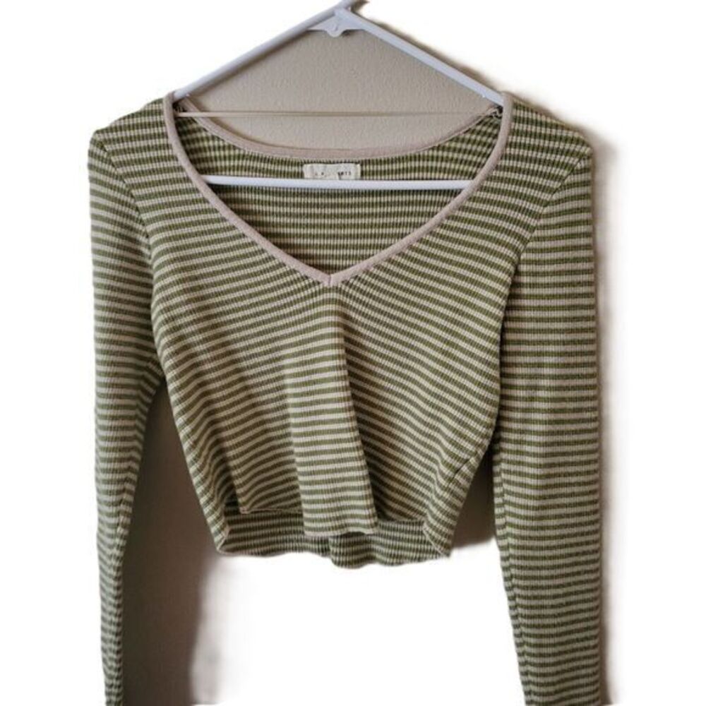 Pacsun LA Hearts Women's Long Sleeve Green/White‎ Cropped Top Small/Medium -H024